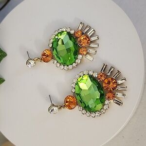 Statement Crystal Orange And Green Drop Earrings